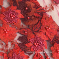 Red Handwork Beaded Embroidery Fabric